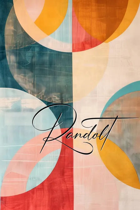 Abstract artwork with overlapping circles in teal, yellow, red, and peach hues; the word 'Randolt' in cursive.