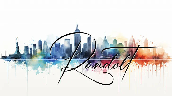 Colorful watercolor skyline of New York City with 'Randolt' written in elegant script, featuring iconic buildings.