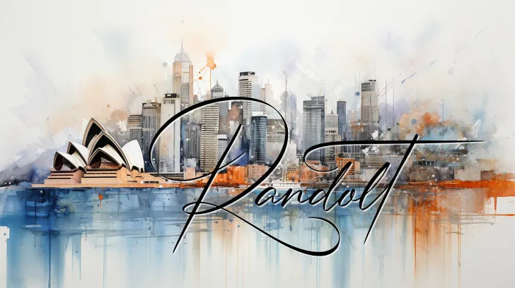 Watercolor city skyline with opera house and calligraphy text "Randolt."