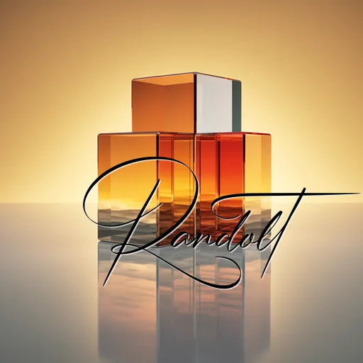 Three stacked amber glass cubes with elegant script 'Randolt' overlay, set against a soft yellow gradient background.