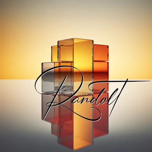 Abstract glass blocks in warm tones with the word 'Randolt' overlayed in elegant script.