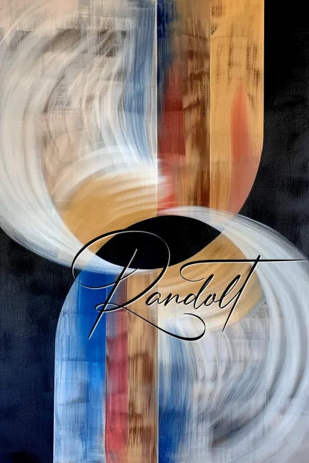 Abstract artwork with swirling white, blue, and orange shapes; stylized signature "Randolt" overlay.