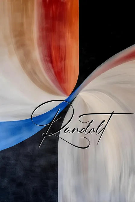 Abstract painting with curved bands in red, beige, blue, and white against a black background; text overlay reads 'Randolt.'