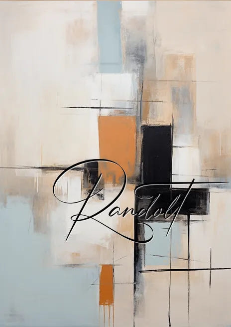 Abstract painting with geometric shapes in neutral tones and pops of black and orange. Signature overlayed on image.