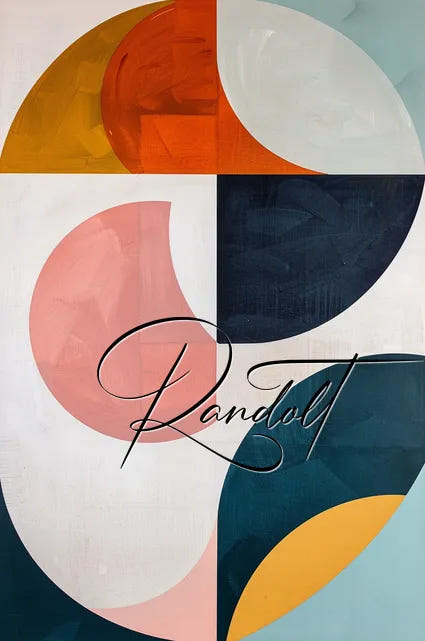 Abstract geometric art with colorful semicircles in orange, pink, navy, and teal, featuring the word 'Randolt' in script.