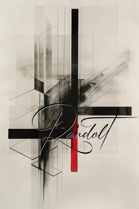 Abstract geometric artwork with intersecting black lines and red accent, featuring "Randolt" in script text.