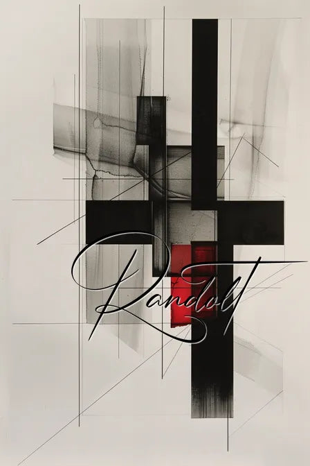 Abstract artwork with black and gray geometric shapes, red accent, and elegant script text overlaying the design.