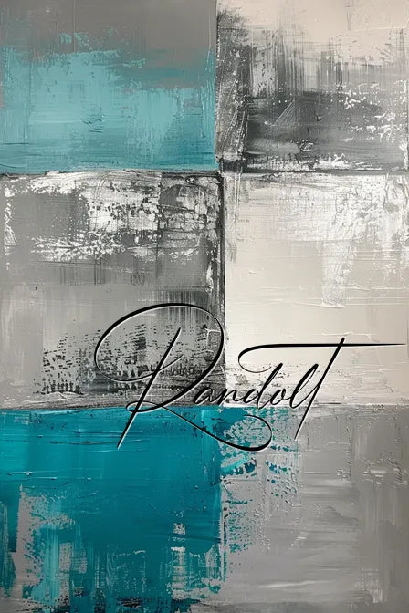 Abstract painting with turquoise, gray, and white blocks; artist's signature in cursive across the center.