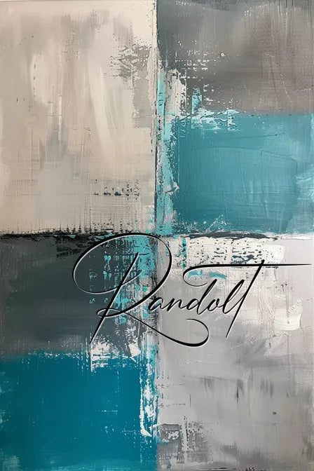 Abstract painting with teal, gray, and white blocks, featuring the word 'Randolt' in elegant script at the center.