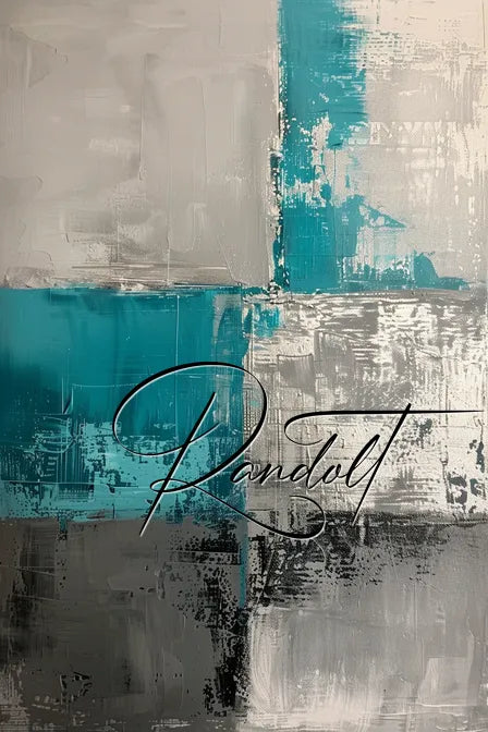 Abstract painting with teal and gray blocks, featuring textured layers and a central signature.