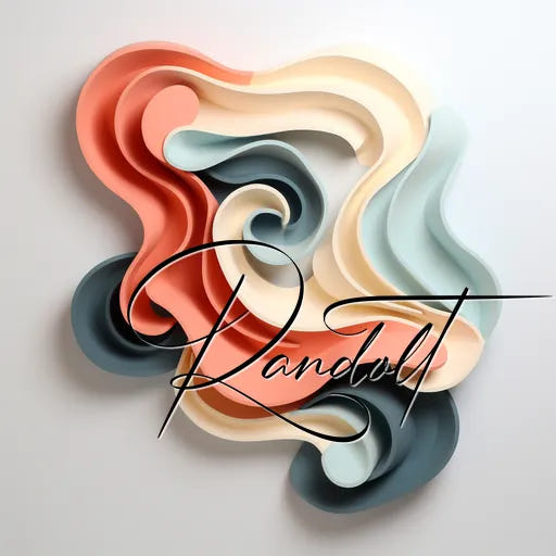 Abstract layered ribbon art with flowing curves in pastel colors, featuring the word 'Randott' overlayed.