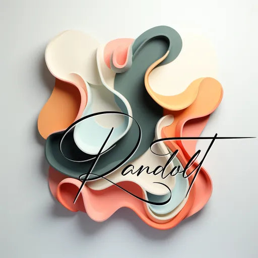 Colorful abstract sculpture with flowing curves and layers, featuring the name 'Randolt' in script overlaid.