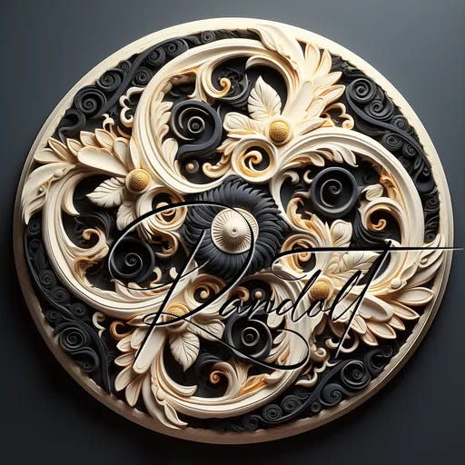 Elegant circular bas-relief art with intricate floral and swirl patterns in black, white, and gold tones.