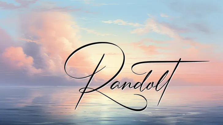 Elegant cursive text 'Randolt' over a serene seascape with soft pastel clouds and calm water.