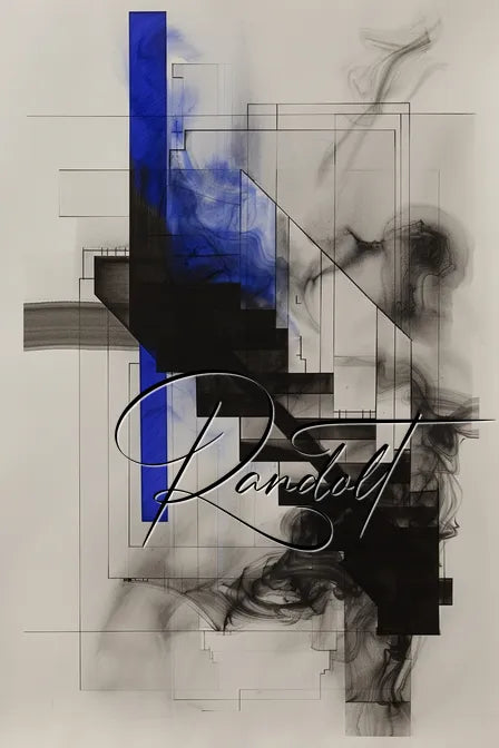 Abstract geometric artwork with blue and black rectangles, overlapping smoky textures and the word "Randolt" in script.