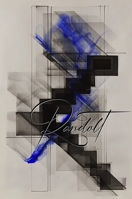 Abstract art with black geometric shapes and blue brushstrokes, featuring elegant cursive text overlay.