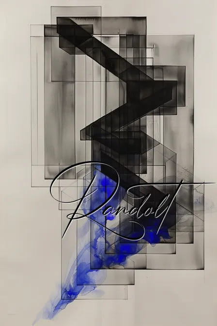 Abstract geometric art with black angular shapes and blue watercolor accents, featuring "Randowlt" signature.