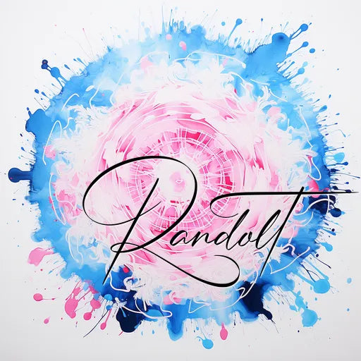 Abstract painting with pink center and blue splashes, "Randolt" cursive text overlay.