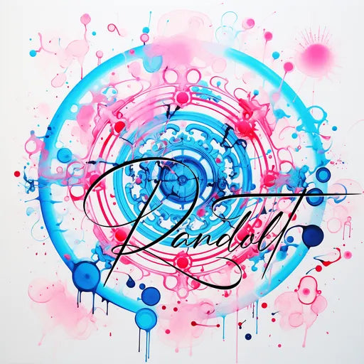 Abstract artwork with blue and pink splashes surrounding the word 'Pandolfi' in elegant script.