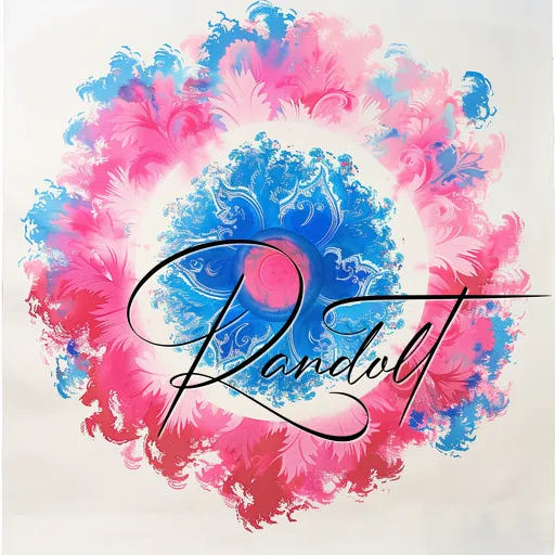 Colorful abstract floral design with pink and blue swirling patterns and cursive script across the center.