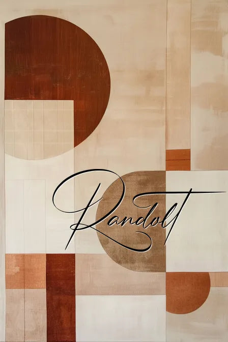 Geometric abstract art with circles, rectangles, and earthy tones, featuring the word 'Randolt' in cursive.