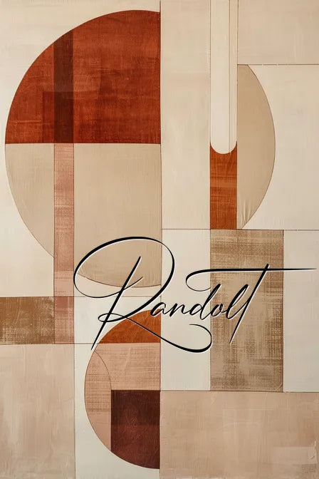 Abstract geometric artwork with brown and beige shapes, curved lines, and overlapping forms with cursive text overlay.