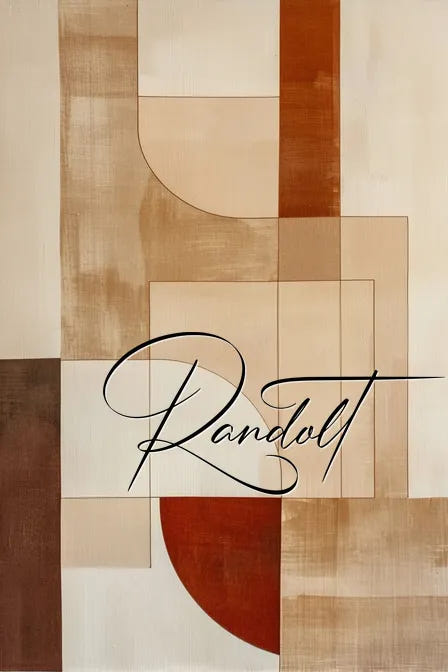 Abstract geometric art with overlapping rectangles and curves in earth tones, featuring the word 'Randolt' in script.