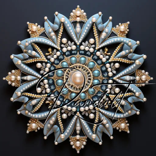 Intricate mandala design with pearls and blue accents on a dark background.