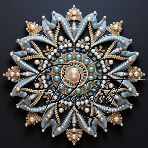 Intricate mandala design with pearls and blue accents on a dark background.