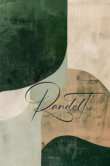 Abstract painting with green, beige, and white shapes, featuring cursive writing 'Randolt' in the center.