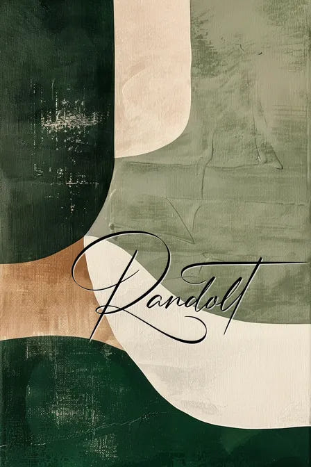 Abstract painting with green, beige, and brown shapes and the word 'Rancolt' in script font.