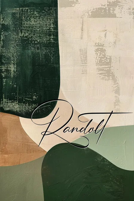 Abstract painting with textured green, beige, and brown shapes, featuring elegant cursive text "Randolt."