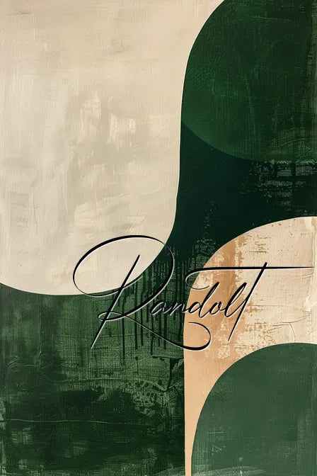 Abstract artwork with geometric shapes in green, cream, and beige, featuring elegant script text in the center.