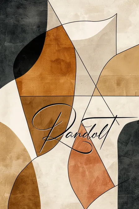 Abstract geometric design with earthy tones and elegant script text reading "Randolt."