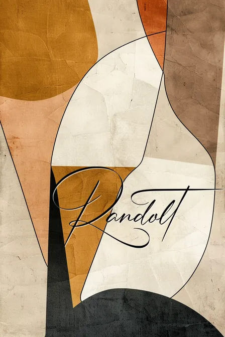 Abstract artwork with geometric shapes in earthy tones, featuring the name 'Randolt' in elegant script.