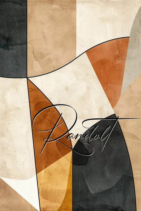 Abstract geometric design with curved shapes in earthy tones: black, white, orange, and brown; stylized text overlay.