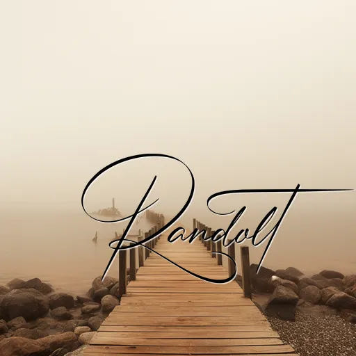 Foggy lakeside view with wooden pier and cursive text overlay.