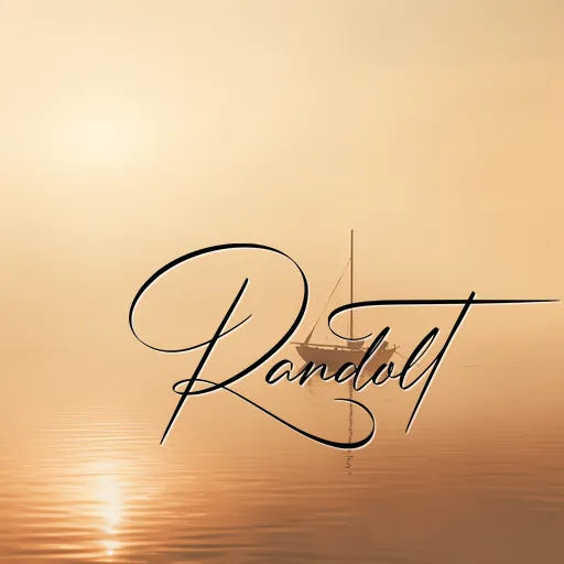 Serene sailboat on calm water at sunset with 'Randolt' in elegant script; warm, golden tones dominate the scene.