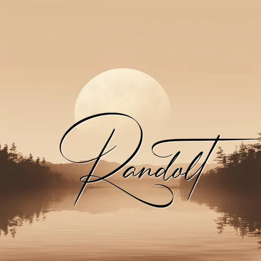 Serene lake at sunset with trees and moon, featuring artistic text 'Randolt' in cursive.