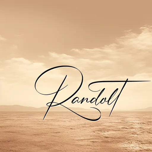 Sepia-tone desert landscape with 'Randolt' written in elegant script across sandy terrain and cloudy sky.