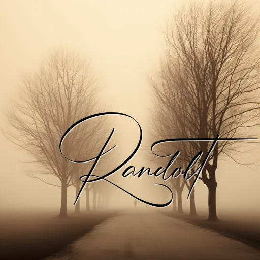 Foggy landscape with a path and barren trees, featuring elegant script with the word 'Randolt' overlaying the scene.