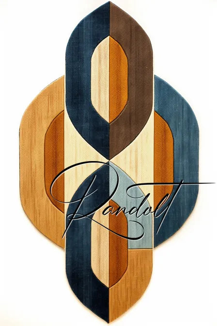 Geometric art with overlapping oval shapes in wood texture and earth tones: blue, brown, and beige.