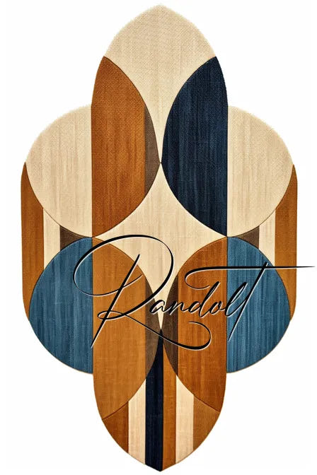 Abstract geometric design with overlapping oval shapes in brown, beige, and blue tones, with cursive text overlay.