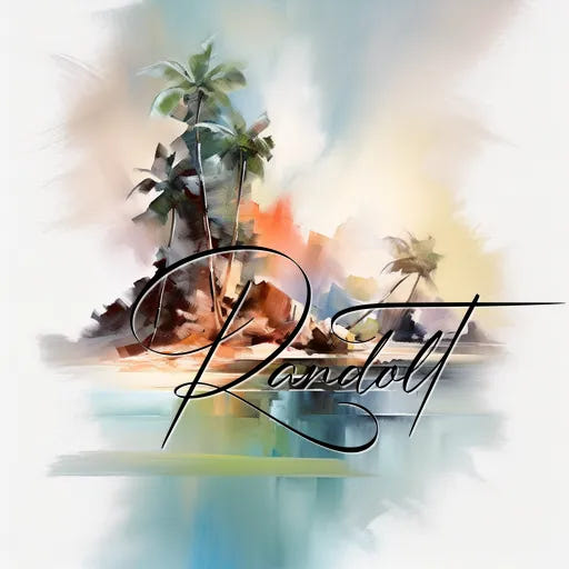 Abstract tropical island painting with palm trees and water, featuring the word 'Randolt' in elegant script.