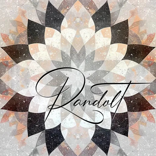 Intricate geometric floral pattern with "Randolt" text overlay in elegant script font.