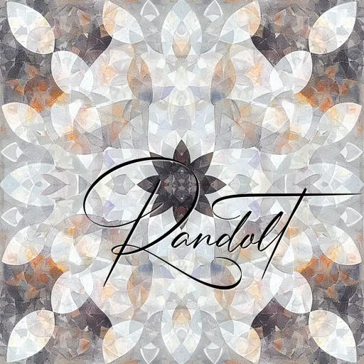 Geometric mandala pattern with abstract shapes in grey and orange tones. "Randolt" in elegant script overlay.