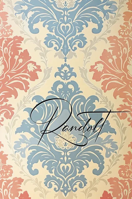 Vintage floral wallpaper with blue and red ornate patterns, featuring the word 'Randolt' in elegant script.