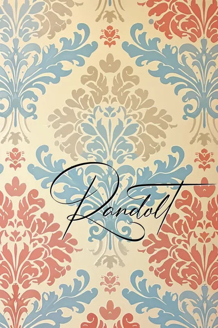 Vintage wallpaper pattern with ornate red, blue, and beige floral designs, featuring stylized calligraphic text overlay.