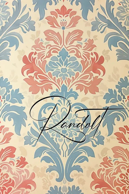 Ornate floral wallpaper pattern in pastel blue and pink with elegant cursive script in the center.