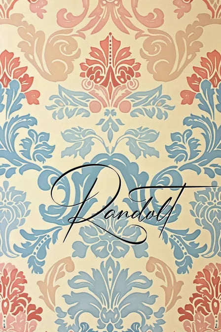 Ornate wallpaper with pink and blue floral damask pattern on a beige background, featuring cursive 'Randolf' text.